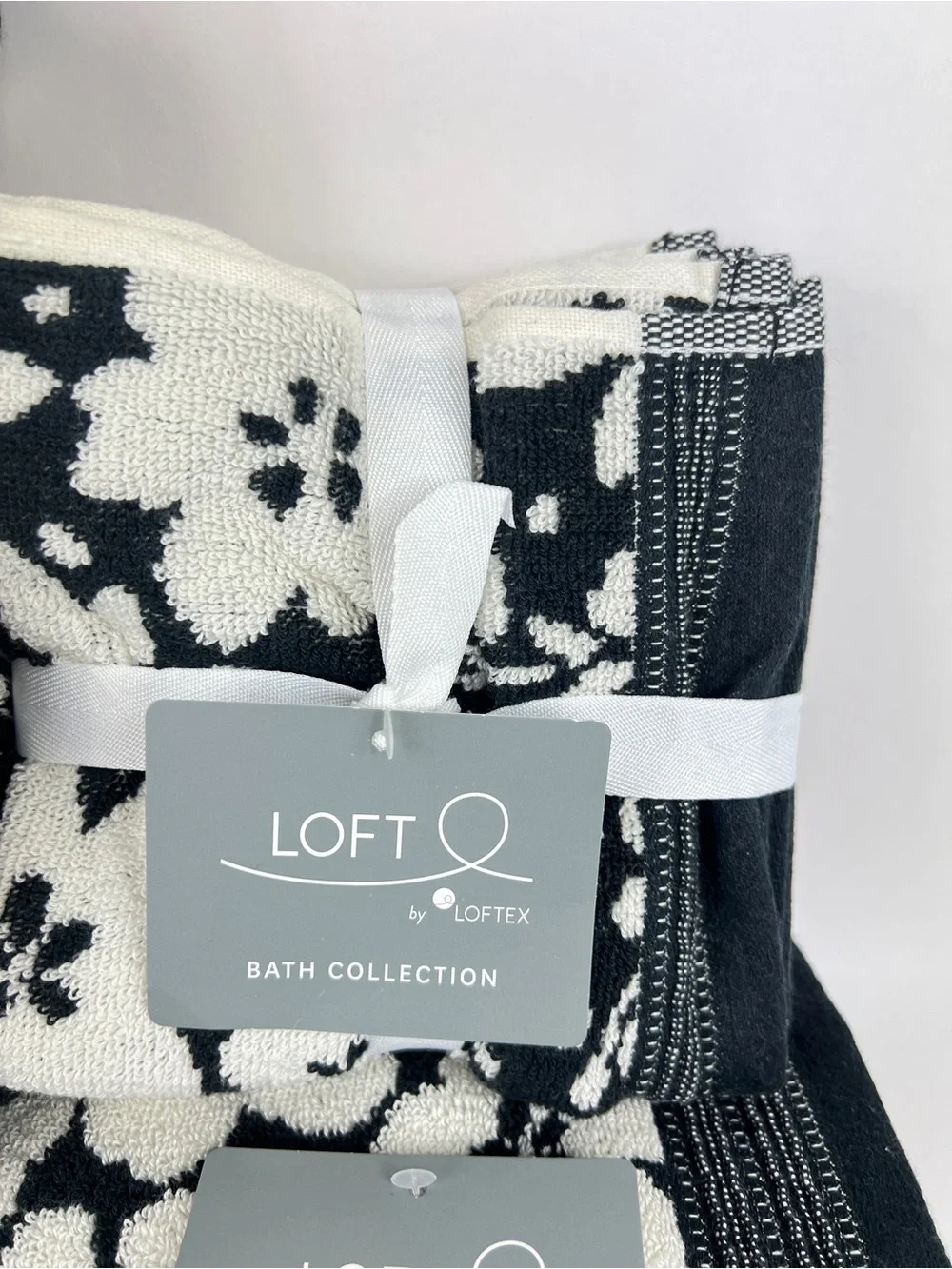 Loft by Loftex Bath Towel Set Bold Floral Black Off White 100% Cotton 8 Pc NEW